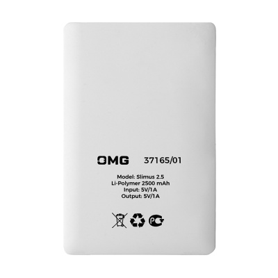 Универсальный аккумулятор OMG Slimus 2.5 (2500 мАч), белый, 9,6х6.2х0,66 см