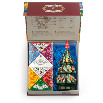 Набор подарочный  "Сугревъ. Россия" из 2-х коробочек с листовым чаем и ёлкой-матрешкой