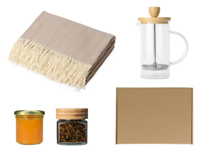 Подарочный набор с пледом, френчпрессом, чаем и вареньем