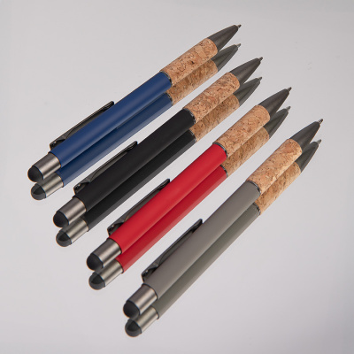Ручка шариковая FACTOR GRIP со стилусом, серый/темно-серый, металл, пластик, пробка, софт-покрытие
