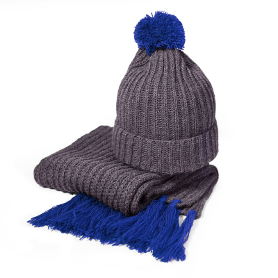 Вязаный комплект шарф и шапка "GoSnow", антрацит c фурнитурой, синий, 70% акрил,30% шерсть