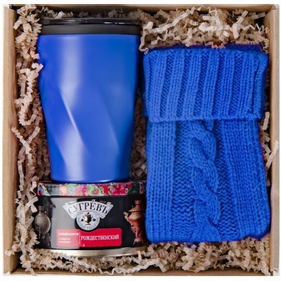 Подарочный набор LET IT JOY: перчатки сенсорные, термокружка, чай, синий
